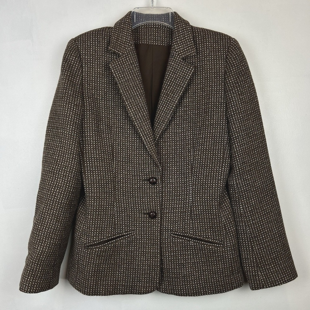 Tweed Blazer Womens 4 Brown Notch Jacket Wool Blend Pockets Italy Career Office